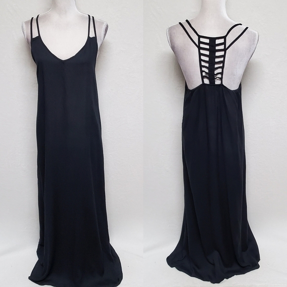 NWT Raviya Black Cotton Crepe Double Strap Cage Back Maxi Dress Swimsuit Coverup - Picture 1 of 12